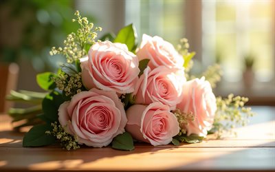 bouquet de roses roses, soirée, roses roses, bouquet rose, bouquet de roses, belles fleurs, boutons de roses roses, roses