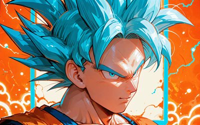 super saiyajin azul, 4k, fondo naranja, bola de dragón, super saiyan dios azul, dragon ball súper, azul galáctico, dbs, vegetto dragon ball azul, supa saiyajin buru, personajes de dragon ball, súper dios saiyajin súper, azul vegerot, ssjb, ssgss, ssjgssj