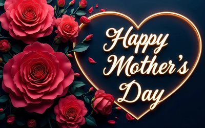 4k, feliz dia de las madres, fondo azul, corazon dorado, rosas rojas, conceptos de feliz día de la madre, letras de neón brillantes, inscripción del día de la madre feliz