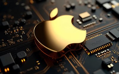 Apple gold metal logo, 4k, black technology background, Apple logo, black background, Apple gold emblem, Apple 3D logo, Apple gold metal sign, Apple, gold Apple logo