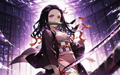 4k, nezuko kamado, resplandor violeta, espada, asesino de demonios, kimono, protagonista, cazador de demonios kimetsu no yaiba, mordaza de bambú verde, manga, kamado nezuko, cazador de demonios, nezuko kamado kimetsu no yaiba