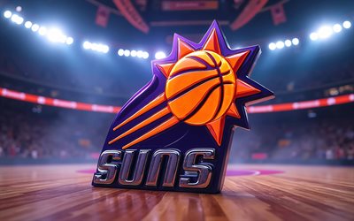 4k, logo 3d des suns de phoenix, projecteurs, fond de stade de basket, nba, créatif, basket ball, logo des phoenix suns, emblème des phoenix suns, équipe américaine de basket ball, soleils de phénix