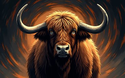 4k, yak pintado, fondo abstracto marrón, animales dibujados, obra de arte, arte de yak, animales abstractos, yak, animales de dibujos animados