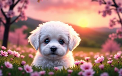 4k, جرو بيشون فريز, غروب, ربيع, إزهار الكرز, كلاب, حيوانات لطيفة, الجراء, حيوانات أليفة, بيشون فريز, خوخه, زهور الربيع, كلب بيشون فريز
