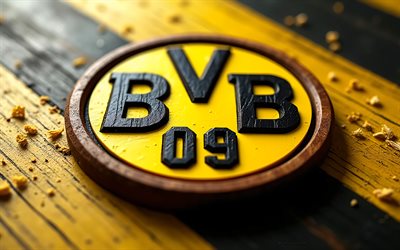 Borussia Dortmund wooden logo, 4k, BVB logo, black yellow wooden background, Bundesliga, BVB emblem, Borussia Dortmund logo, BVB sign, Borussia Dortmund emblem, Germany, Borussia Dortmund, football, BVB