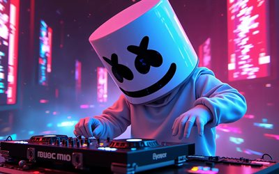 4k, dj marshmello, cyberpunk, natt, dj konsol, christopher comstock, musikstjärnor, populära sångare, amerikansk dj, superstjärnor, marshmello, djs, marshmello 4k