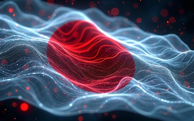 4k, japans glödande flagga, bokeh, japans flagga, japans dag, 3d konst, japansk flagga, japan neonflagga, neonvågor japans flagga, japan 3d flagga, japan abstrakt flagga, japan