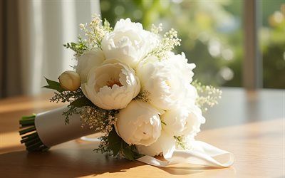 bröllopsbukett av vita pioner, brudbukett, vita pioner, vit bröllopsbukett, bröllop koncept, pioner bukett, bröllop, pioner