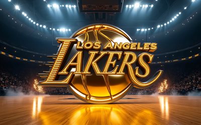 4k, los angeles lakers gyllene logotyp, strålkastare, basketstadion bakgrund, nba, kreativ, basketboll, los angeles lakers logotyp, los angeles lakers 3d logotyp, amerikansk basketlag, los angeles lakers, la lakers