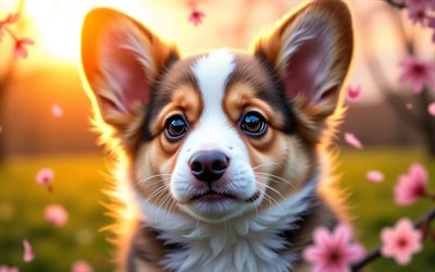4k, cardigan welsh corgi valp, solnedgång, fjädra, körsbärsblom, hundkapplöpning, söta djur, corgi, valpar, husdjur, cardigan welsh corgi, bokeh, vårblommor, cardigan welsh corgi dog