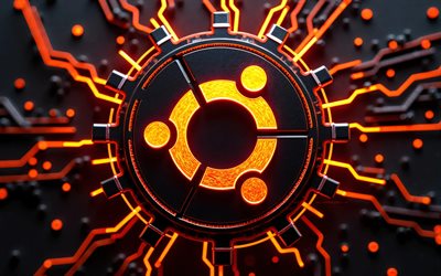 ubuntu glödande logotyp, 4k, mörk högteknologisk bakgrund, orange neonljus, ledare, mikrokrets, os märken, ubuntu 3d logotyp, varumärken, ubuntu orange logotyp, konstverk, ubuntu logotyp, ubuntu, linux ubuntu