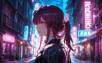 4k, kafka, natt, gata, honkai star rail, neonskyltar, manga, anime karaktärer, honkai star rail karaktärer, kafka honkai star rail