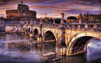 Castle of the Holy Angel, sunset, Tiber River, architecture, Rome, Italy, Castel Sant Angelo