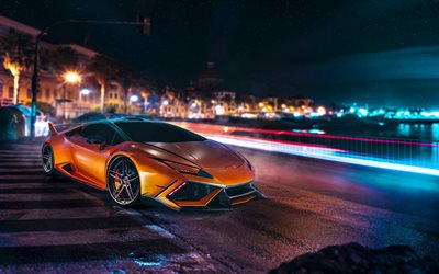 night, supercars, 2016, Lamborghini Huracan, LP 610-4, tuning, road lights, orange Huracan