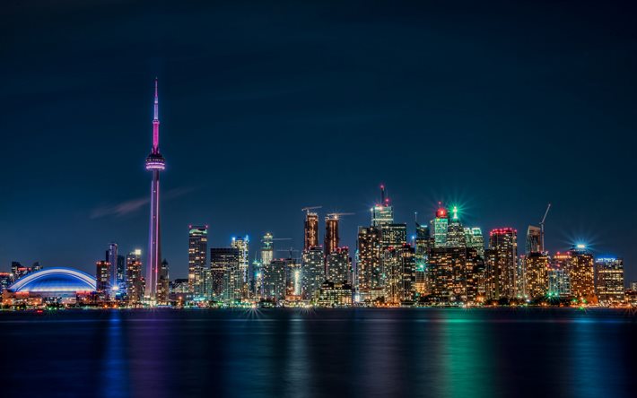 notte, Toronto, torre della televisione, grattacieli, luci, Canada