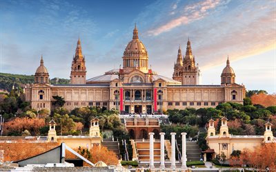 Spain, Barcelona, National museum, sunset, architecture
