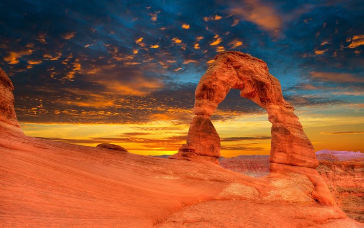 arches national park, 4k, wüste, felsen, amerikanische wahrzeichen, sonnenuntergang, moab, utah, usa, amerika, bilder mit wüste