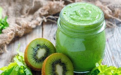 4k, kiwi smoothie, smoothie verde, bebidas saudáveis, smoothie, smoothie jarra de vidro, kiwi, smoothies de frutas