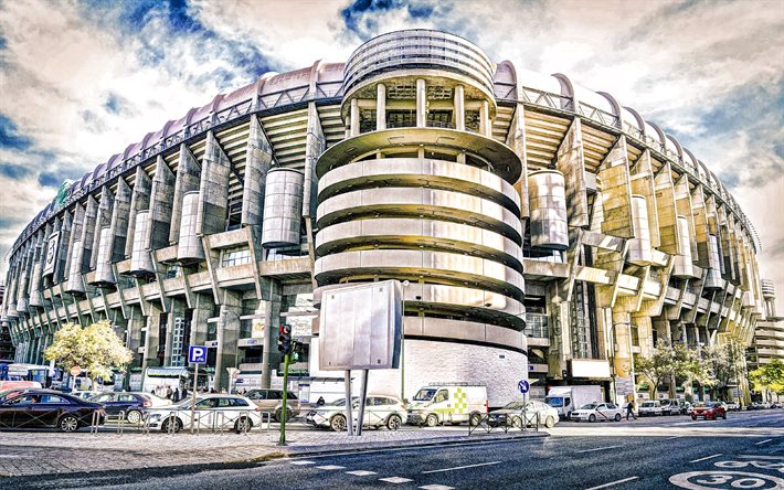 santiago bernabeu stadium, 4k, real madrid stadium, madrid, espanja, espanjan jalkapallostadion, real madrid, la liga, jalkapallo, madridin kaupunkikuva