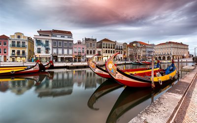 4k, Aveiro, evening, sunset, boats, colorful boats, Aveiro cityscape, Aveiro in the evening, Portugal