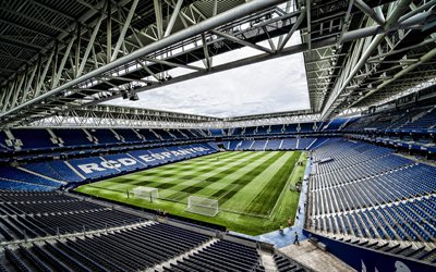 RCDE Stadium, 4k, Estadi Cornella-El Prat, inside view, football field, stands, RCD Espanyol stadium, La Liga, Spain, RCD Espanyol, Barcelona, Catalonia