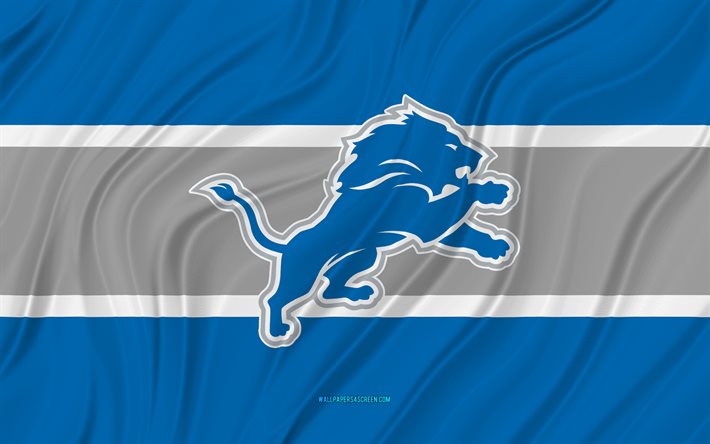detroit lions, 4k, bandiera ondulata grigio blu, nfl, football americano, bandiere in tessuto 3d, bandiera detroit lions, squadra di football americano, logo detroit lions