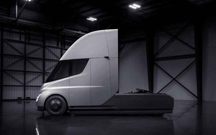 Tesla Semi, side view, 2022 trucks, LKW, garage, electric trucks, cargo transport, pictures with trucks, american trucks, Tesla, trucks
