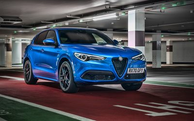 Alfa Romeo Stelvio Veloce, 4k, parking, 2022 cars, UK-spec, SUVs, Blue Alfa Romeo Stelvio, italian cars, Alfa Romeo, HDR