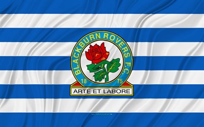 ブラックバーンローバーズfc, 4k, 青白の波状の旗, チャンピオンシップ, フットボール, 3dファブリックフラグ, ブラックバーンローバーズ旗, サッカー, ブラックバーンローバーズのロゴ, イギリスのサッカークラブ, ブラックバーンローバーズ