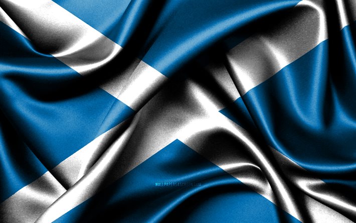 skotsk flagga, 4k, europeiska länder, tygflaggor, skottlands dag, skottlands flagga, vågiga sidenflaggor, europa, skotska nationella symboler, skottland