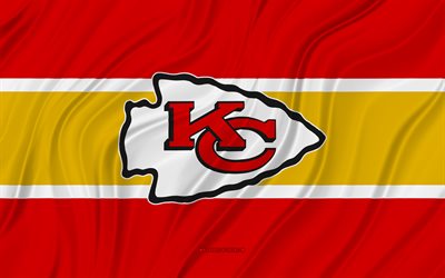 Kansas City Chiefs, 4K, red yellow wavy flag, NFL, american football, 3D fabric flags, Kansas City Chiefs flag, american football team, Kansas City Chiefs logo
