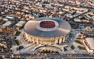 puskas arena, budapest, vue de dessus, stade de football, soirée, coucher de soleil, panorama de budapest, hongrie, paysage urbain de budapest, équipe nationale de football de hongrie