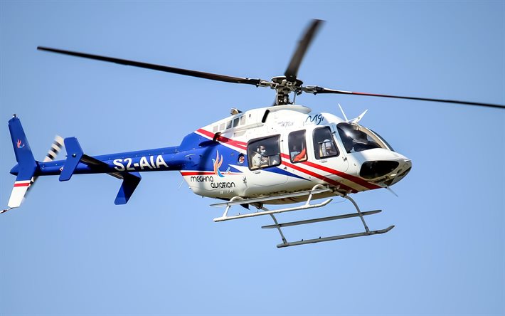 bell 407, 4k, multifunktionshelikoptrar, civil luftfart, vit helikopter, flyg, bell, bilder med helikopter