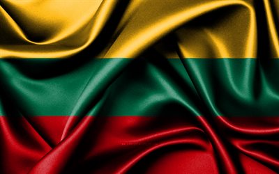drapeau lituanien, 4k, les pays européens, les drapeaux en tissu, le jour de la lituanie, le drapeau de la lituanie, les drapeaux de soie ondulés, l europe, les symboles nationaux lituaniens, la lituanie