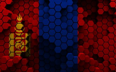 4k, bandera de mongolia, fondo hexagonal 3d, bandera 3d de mongolia, textura hexagonal 3d, símbolos nacionales de mongolia, mongolia, fondo 3d, bandera de mongolia 3d