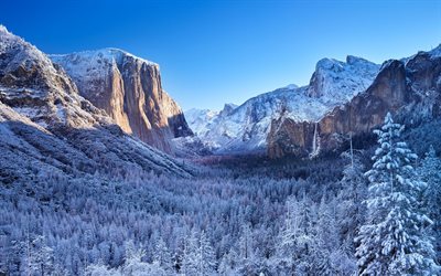 4k, parque nacional de yosemite, montes de neve, vale, montanhas, inverno, califórnia, américa, eua, bela natureza, marcos americanos