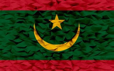 mauretaniens flagga, 4k, 3d polygon bakgrund, 3d polygon textur, 3d mauretanien flagga, mauretaniens nationella symboler, 3d konst, mauretanien