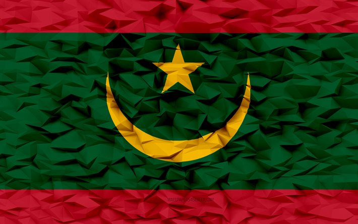 drapeau de la mauritanie, 4k, 3d polygone de fond, 3d polygone texture, 3d drapeau de la mauritanie, mauritanie symboles nationaux, art 3d, mauritanie