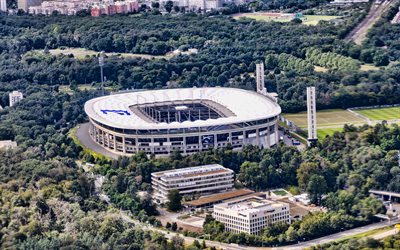 4k, deutsche bank park, vista desde arriba, vista aérea, commerzbank arena, logotipo de deutsche bank, estadio eintracht frankfurt, estadio de fútbol, bundesliga, frankfurt, alemania