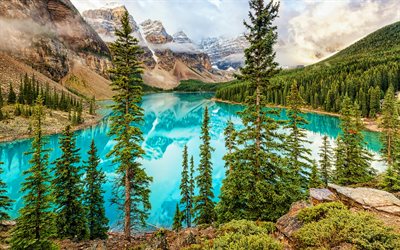 4k, Moraine Lake, HDR, summer, mountains, blue lakes, Banff National Park, travel concepts, pictures with lakes, Canada, Alberta, Banff, canadian landmarks
