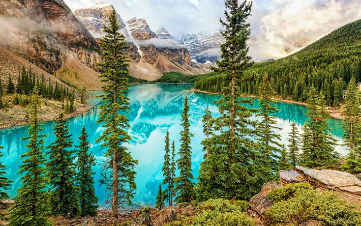 4k, मोराइन झील, एचडीआर, गर्मी, पहाड़ों, नीली झीलें, बानफ नेशनल पार्क, यात्रा अवधारणा, झीलों के साथ चित्र, कनाडा, अल्बर्टा, banff, कनाडा के स्थलचिह्न