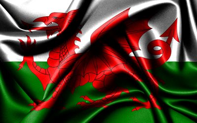 bandera galesa, 4k, países europeos, banderas de tela, día de gales, bandera de gales, banderas de seda onduladas, europa, símbolos nacionales galeses, gales
