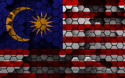 4k, Flag of Malaysia, 3d hexagon background, Malaysia 3d flag, 3d hexagon texture, Malaysia national symbols, Malaysia, 3d background, 3d Malaysia flag