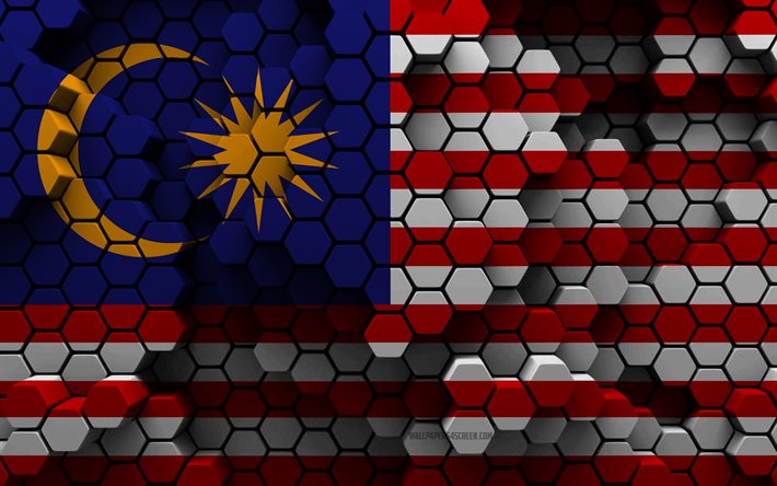 4k, malesian lippu, 3d kuusikulmio tausta, malesian 3d lippu, 3d kuusikulmio tekstuuri, malesian kansalliset symbolit, malesia, 3d tausta, 3d malesian lippu