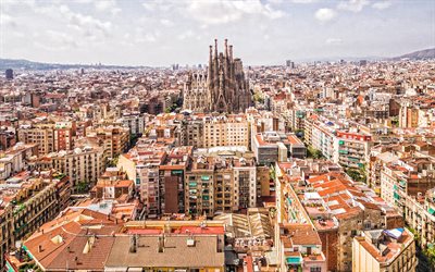사그라다 파밀리아, 4k, 바르셀로나, 로마 카톨릭, 조감도, basilica i temple expiatori de la sagrada familia, 바르셀로나 조감도, 바르셀로나 파노라마, 카탈로니아, 스페인, 바르셀로나 도시 풍경