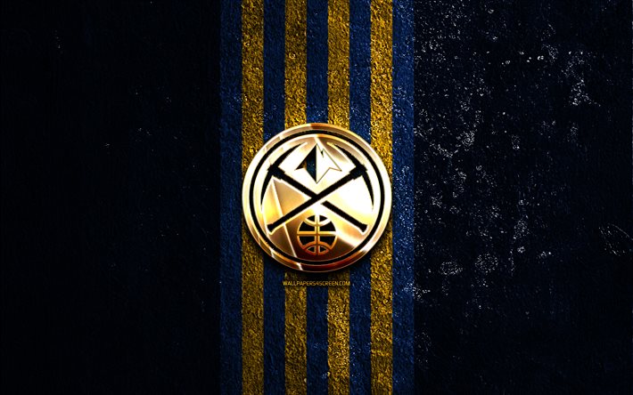 logotipo dorado de los denver nuggets, 4k, fondo de piedra azul, nba, equipo de baloncesto americano, logotipo de los denver nuggets, baloncesto, denver nuggets