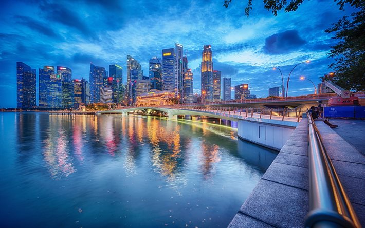 4k, singapore, ilta, pilvenpiirtäjiä, hdr, modernit rakennukset, aasia, singapore illalla