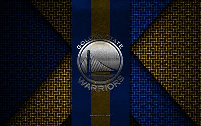 Golden State Warriors, NBA, blue yellow knitted texture, Golden State Warriors logo, American basketball club, Golden State Warriors emblem, basketball, San Francisco, USA