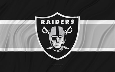 oakland raiders, 4k, bandiera ondulata grigio nero, nfl, football americano, bandiere in tessuto 3d, bandiera oakland raiders, squadra di football americano, logo oakland raiders