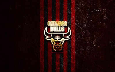 Chicago Bulls golden logo, 4k, red stone background, NBA, american basketball team, Chicago Bulls logo, basketball, Chicago Bulls